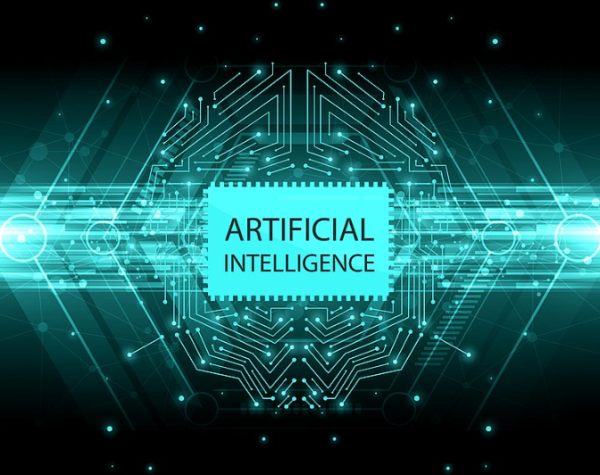 Artificial intelligence is (AI) written in teal space photo.
