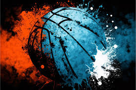 A drawing of a blue basketball, with orange smoke on the left and white smoke on the right encompassing the basketball