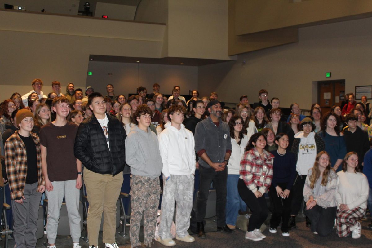 Shaan Sharm an actor takes picture with students after his lecture. The students include Ava Alvarez, Helena Sandoval, TJ Kramer, Alyssa Garcia, Alex Chesnut, Bridgette Donohue, Sophie Bliss, Cohen Caldwell, Jack McQuistan