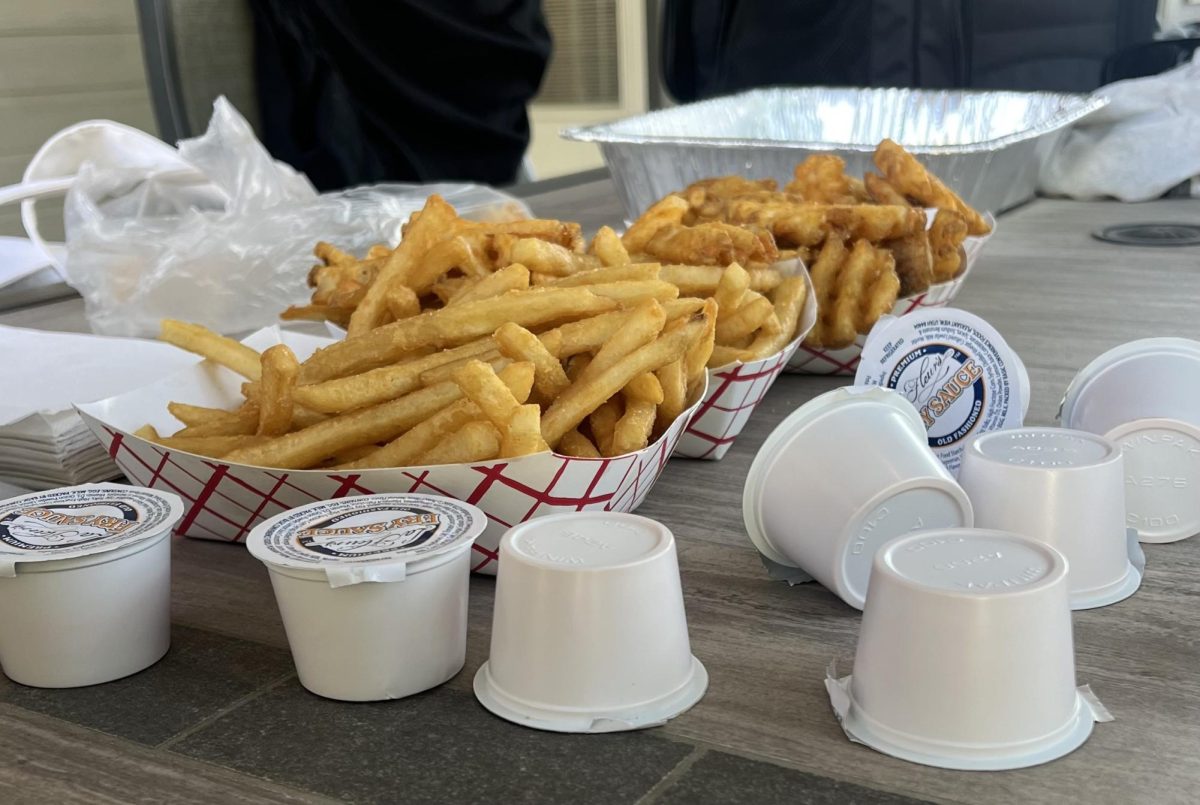 Fanci Freeze regular and waffle fries surrounded by fry sauce