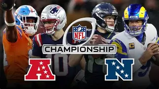 NFL Conference Championships Graphic. Left to Right, Denver WR #14 Courtland Sutton, Patriots QB #10 Drake Maye, Seahawks QB #14 Sam Darnold, Rams QB #9 Matthew Stafford. (Creative Commons)
