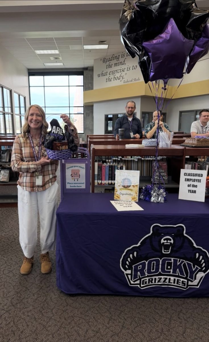 Photo taken from Rocky's Instagram featuring Alycia Osterhout and her award basket after earning employee of the year (certified) Shown in background are Quentin DeWitt, Paul Meunier, and Casey Higginbotham